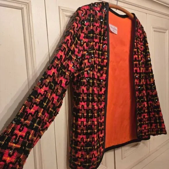 1960s Sequin Embellished Plaid Cardigan Blazer